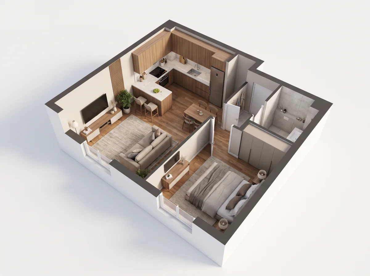 A one-bedroom apartment with realistic materials and shadows.