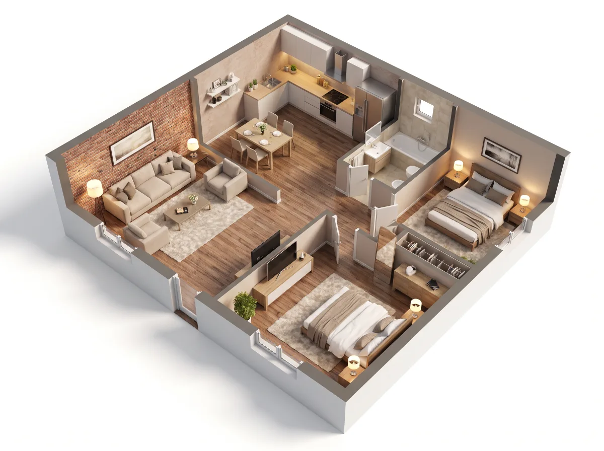 A two-bedroom apartment as an isometric dollhouse view.