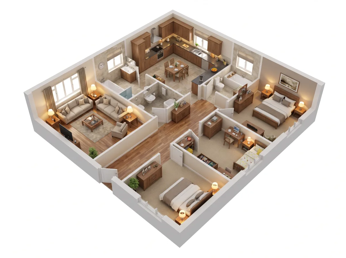 A three-bedroom house as an isometric dollhouse view.