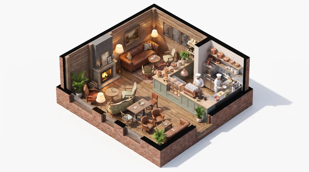 A cozy cafe with seating, counter, and kitchen in 3D.