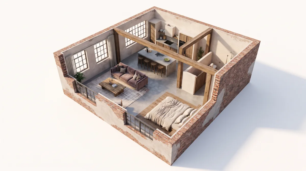 An open-plan loft in a photorealistic 3D render.