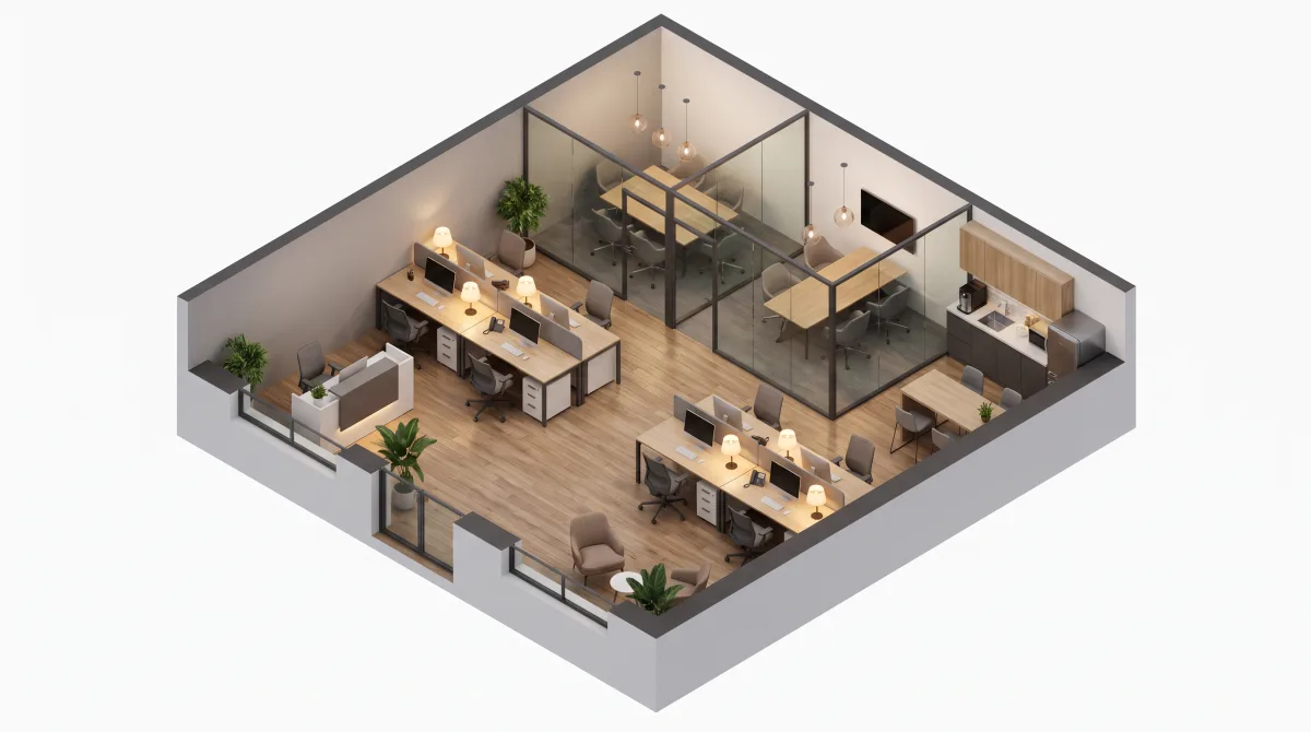 An open-plan office visualized as a 3D isometric cutaway.