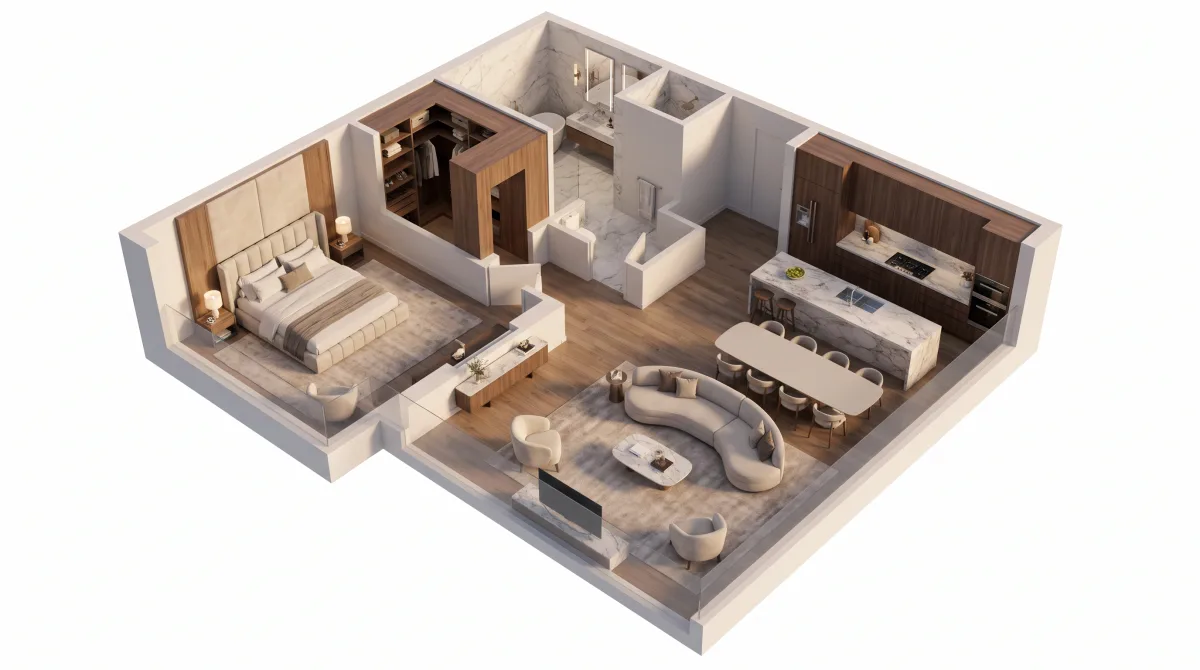 A luxury penthouse in a photorealistic 3D render.