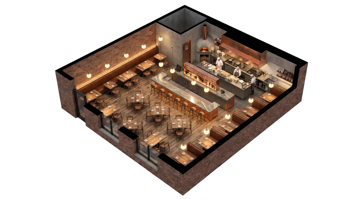 A restaurant with dining, bar, and kitchen in 3D.