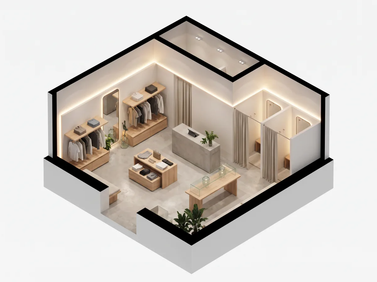 A modern retail shop with display shelves and checkout.