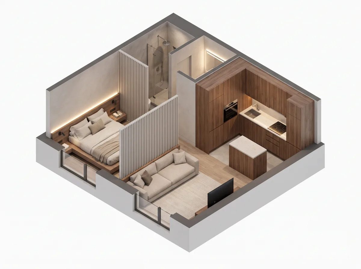 A studio apartment rendered as a clean isometric cutaway.