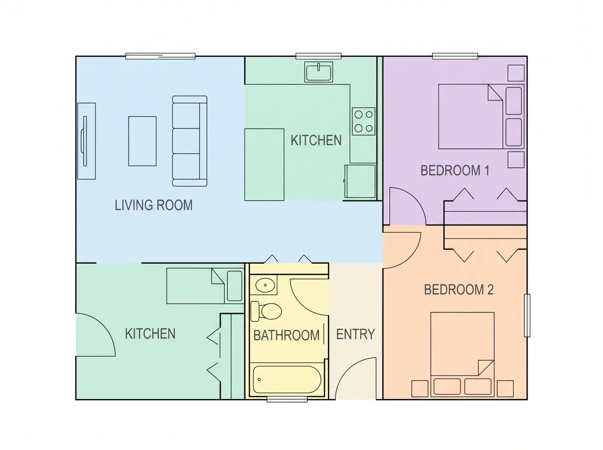 A two-bedroom apartment arranged room by room on the canvas.