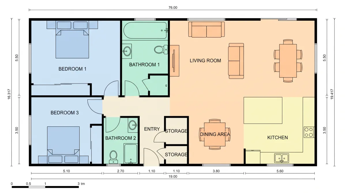 A three-bedroom house laid out with color-coded rooms.