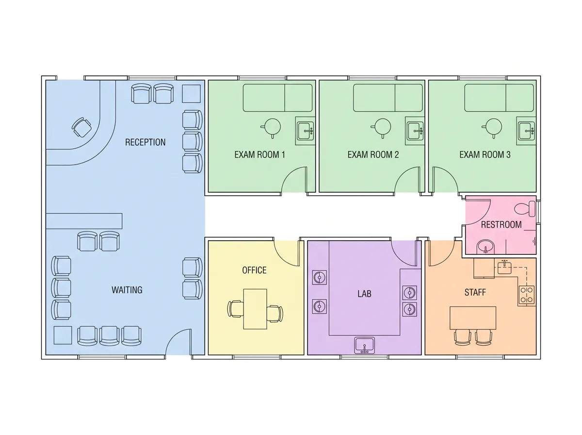 A medical clinic with reception, exam rooms, and a lab.