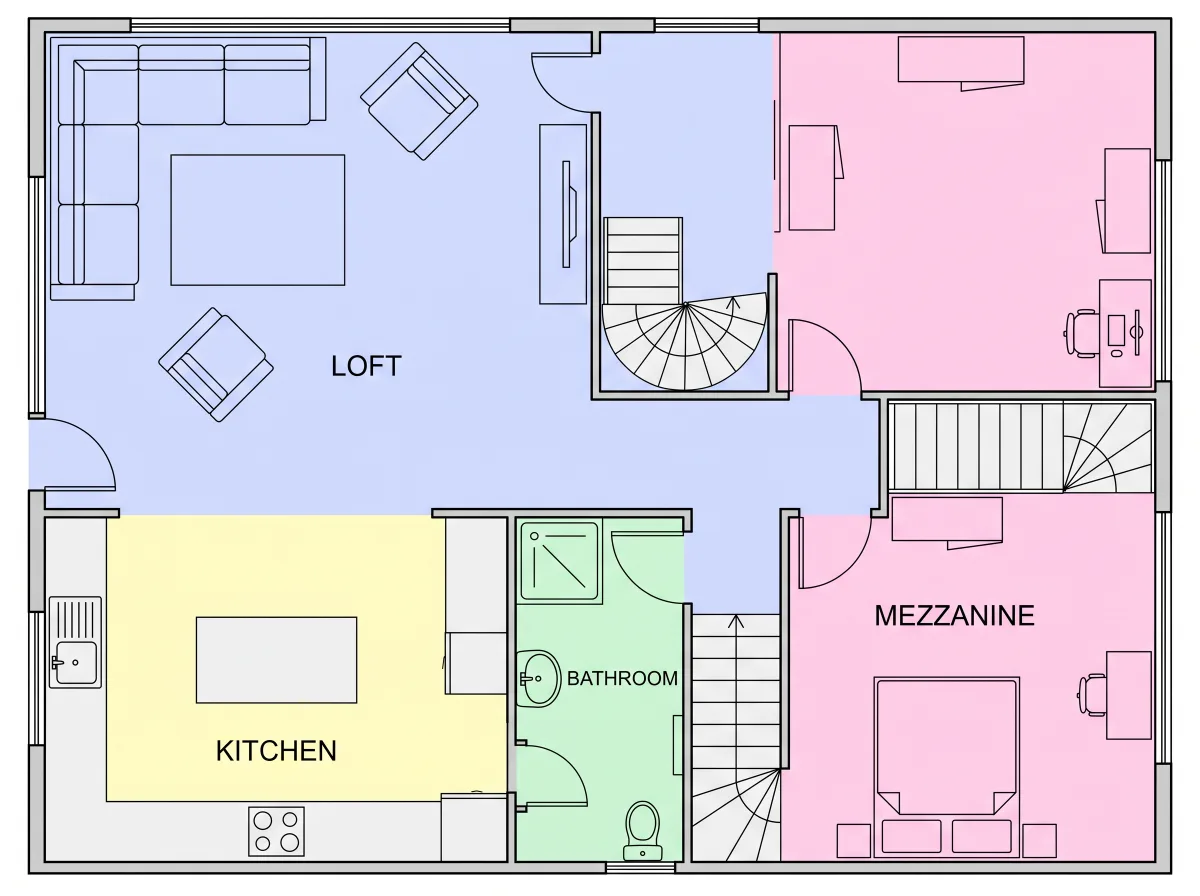 An open-plan loft apartment with a mezzanine level.