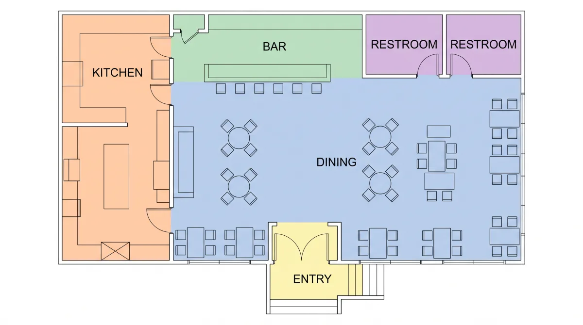 A restaurant layout with dining, kitchen, bar, and restrooms.