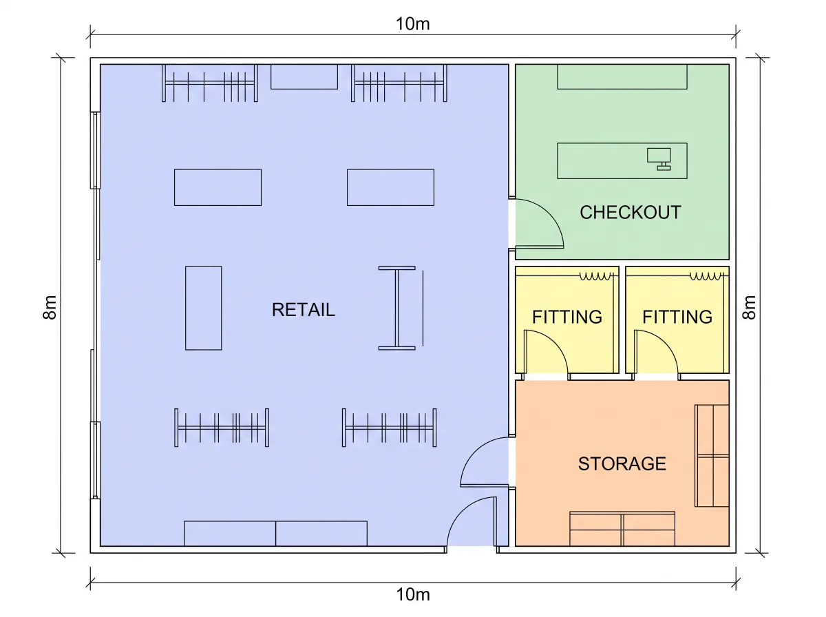 A retail shop laid out with display and checkout zones.