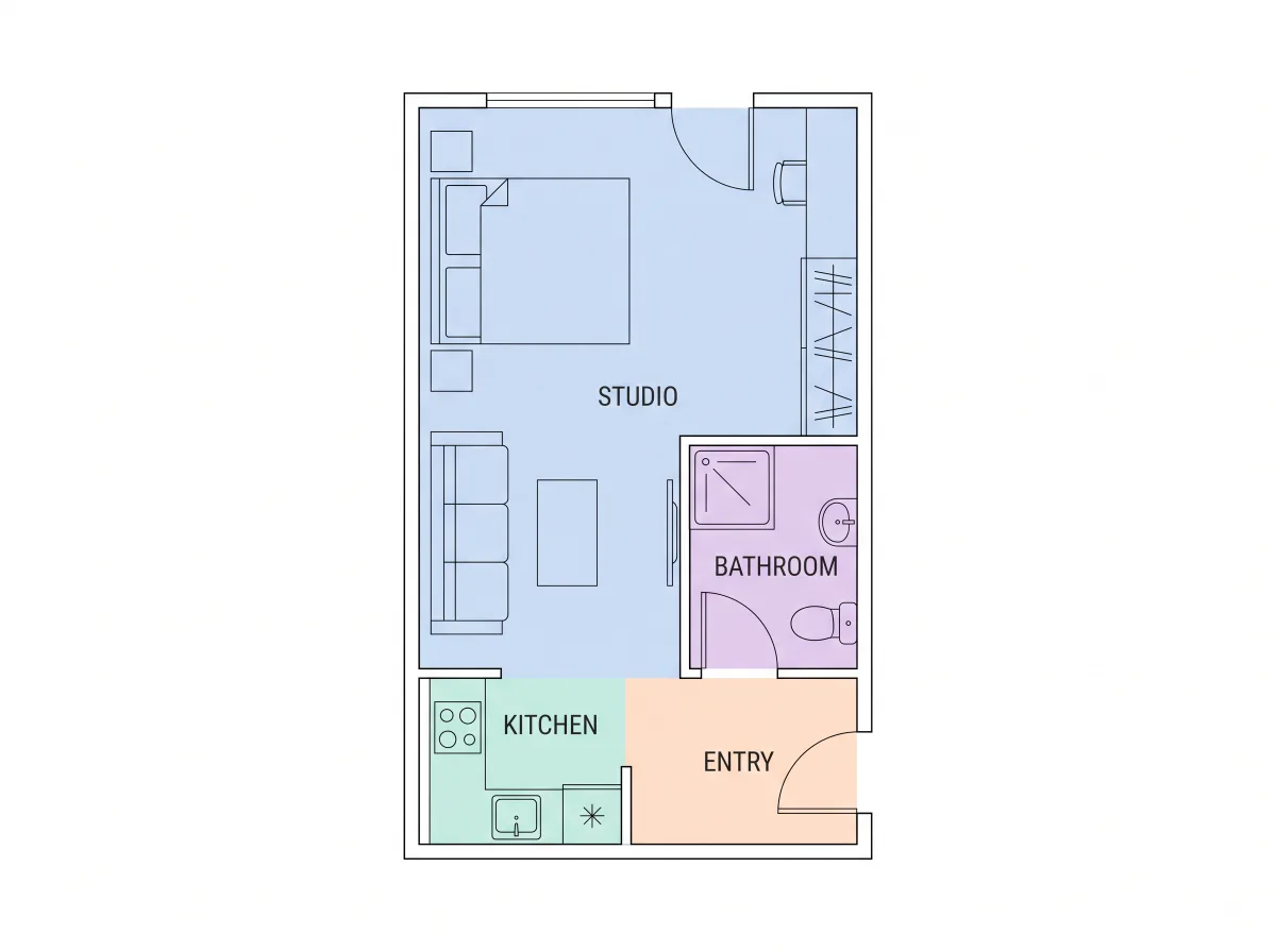 A compact studio drawn and refined on the canvas.