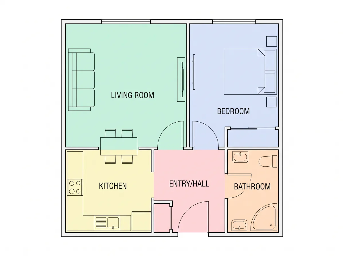 A one-bedroom drawing turned into a clean colored plan.