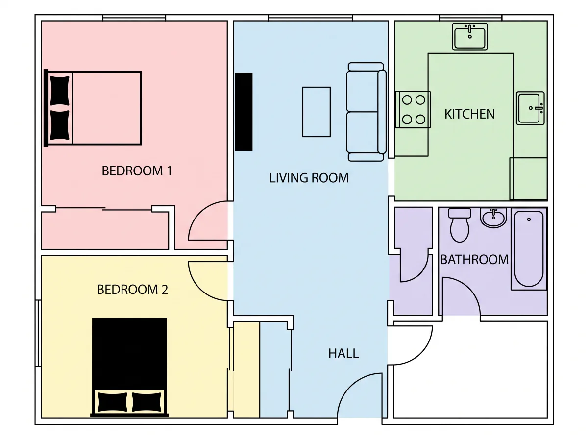 A two-bedroom sketch rebuilt as a tidy colored plan.