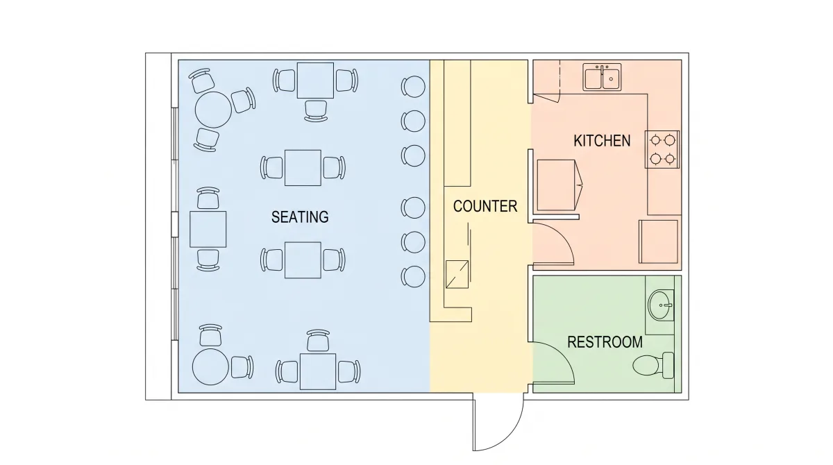 A cafe layout with seating, counter, and kitchen.