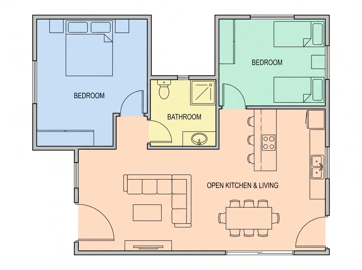 A single-story house cleaned up into a colored 2D plan.