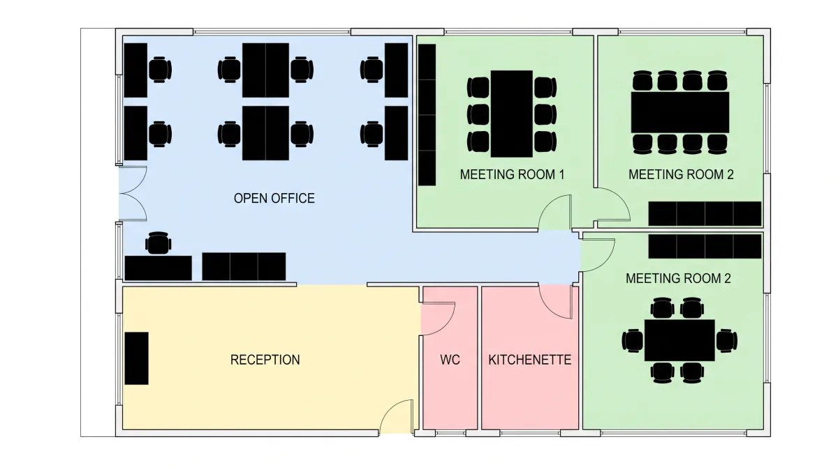 An office sketch cleaned into a colored floor plan.