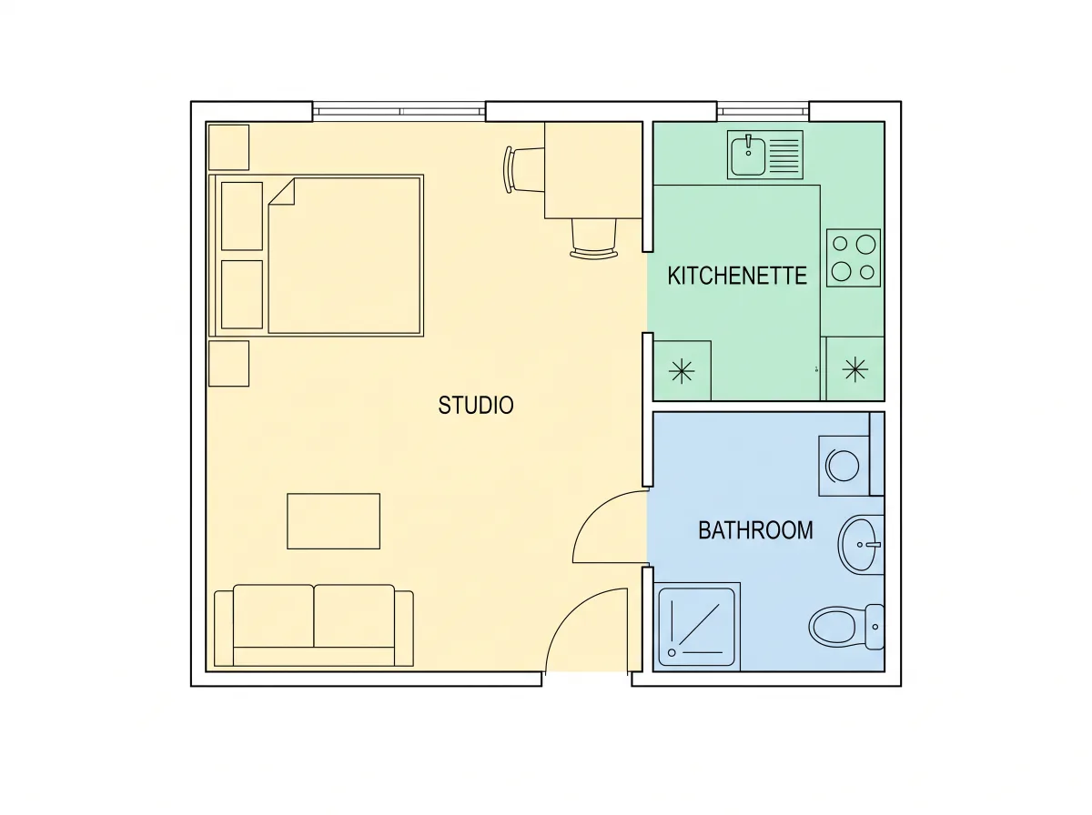 A studio layout straightened into a colored 2D plan.