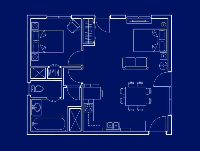 Same two-bedroom floor plan shown in an alternative blueprint presentation style